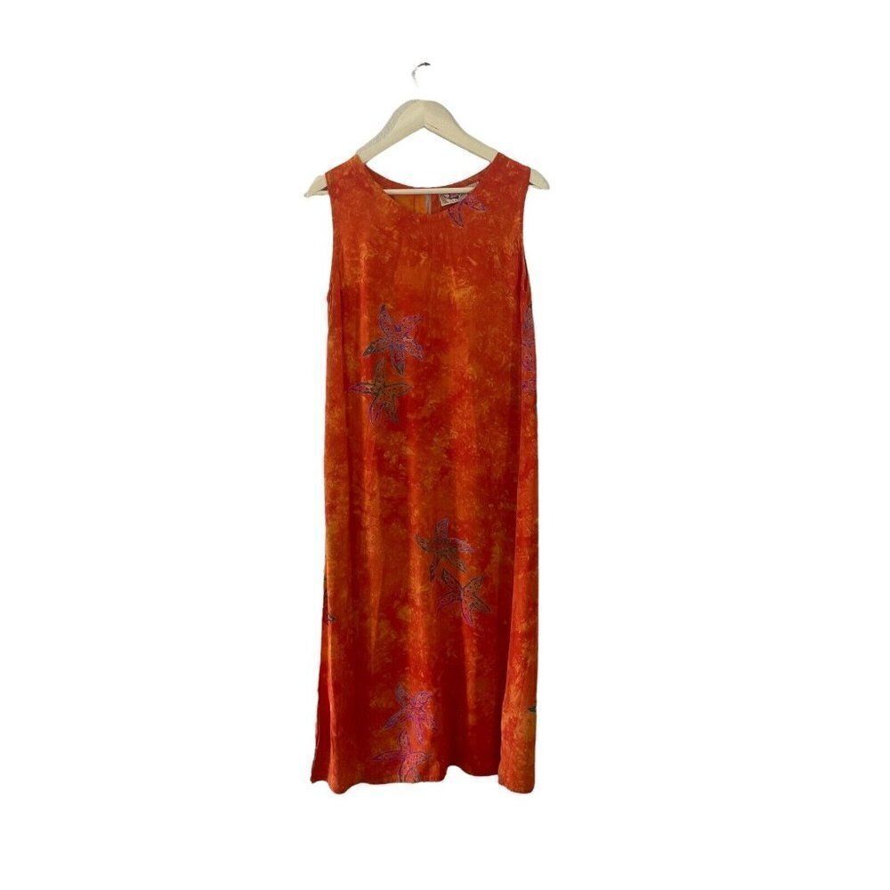Hilo Hattie Hawaii Small Hawaiian Midi Dress Orange Sleeveless Starfish Womens